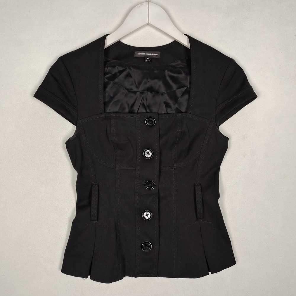 Express Design Studio Black Short Sleeve Square Neck Button Up Peplum Top Size 0